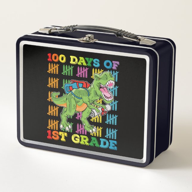 100 Days Of 1st Grade T Rex Dinosaur School Metal Lunch Box (Front)