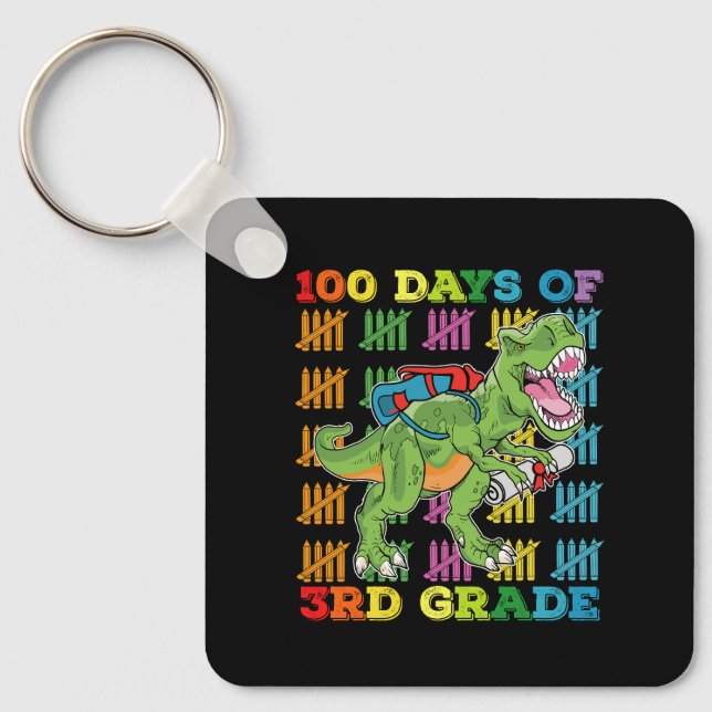 100 Days Of 3rd Grade T Rex Dinosaur School Key Ring (Front)
