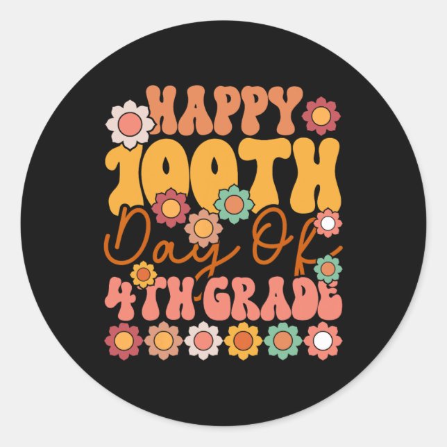 100 Days Of 4th Grade Cute Groovy Teacher Kids Gir Classic Round Sticker (Front)