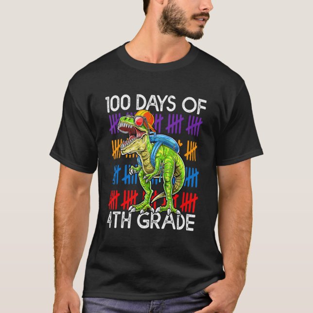 100 Days of 4th Grade School Dinosaur Dino Trex 10 T-Shirt (Front)