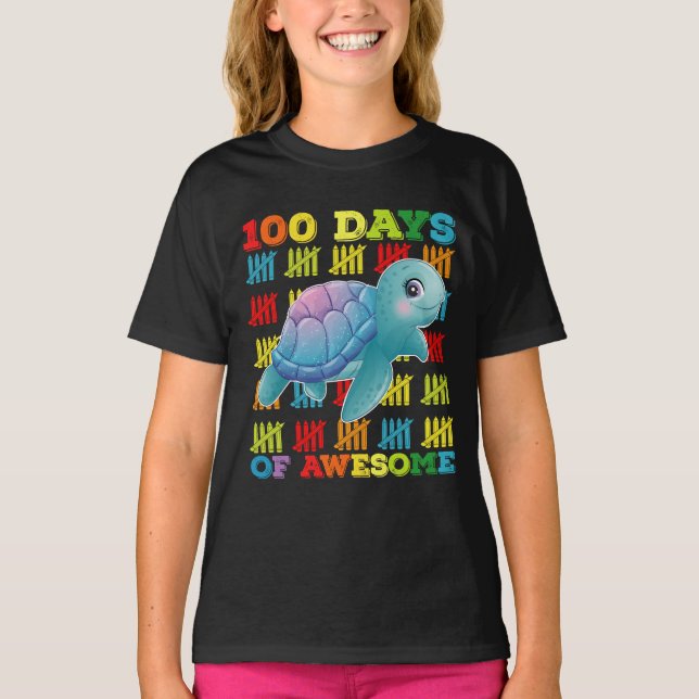100 Days Of Awesome Turtle 100th Day Of School T-Shirt (Front)