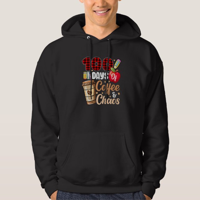 100 Days Of Coffee And Chaos Red Plaid Teacher 100 Hoodie (Front)