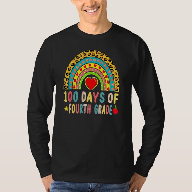 100 Days Of Fourth Grade Leopard Rainbow 100th Day T-Shirt (Front)