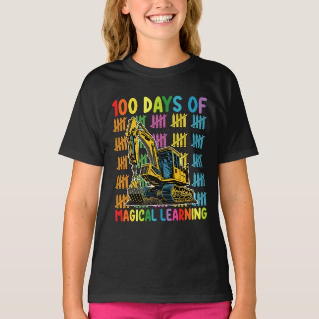 100 Days Of Magical Learning Excavator School T-Shirt (Front)