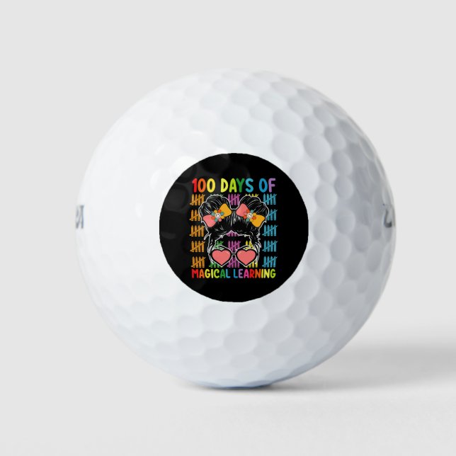 100 Days Of Magical Learning Messy Bun School Golf Balls (Front)