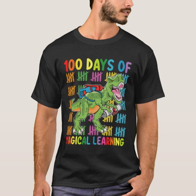 100 Days Of Magical Learning T Rex Dinosaur School T-Shirt (Front)