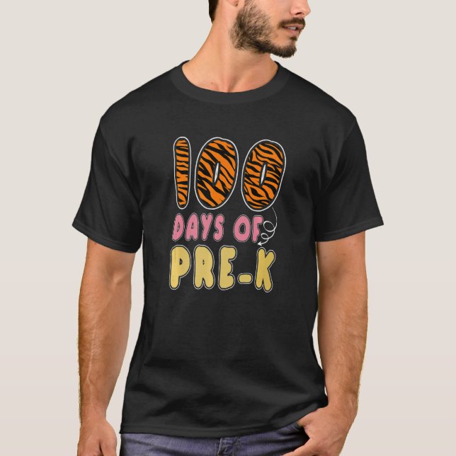100 Days Of Pre K Tiger Print Teachers Girls 100th T-Shirt (Front)
