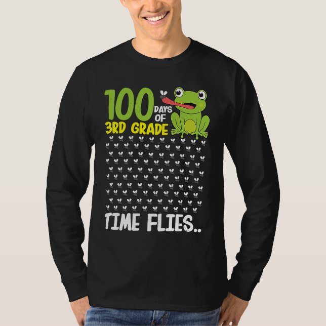 100 Days of School 3rd Grade Frog Time Flies Boys  T-Shirt (Front)