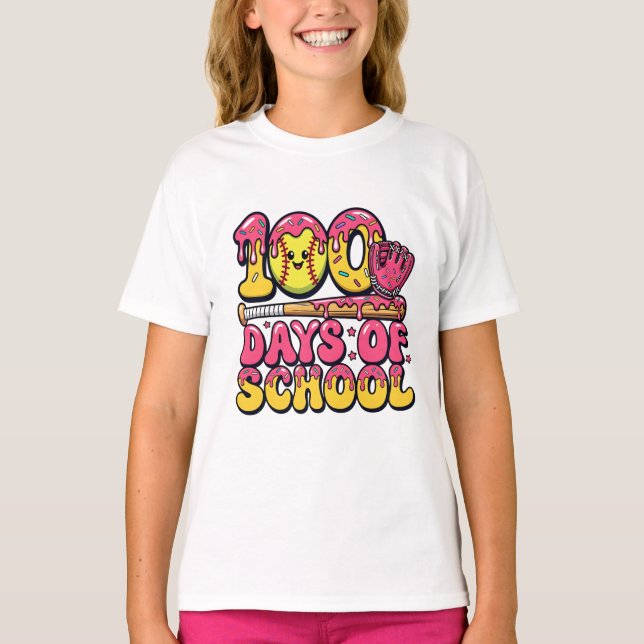 100 Days of School Baseball Donut Girls Softball T-Shirt (Front)