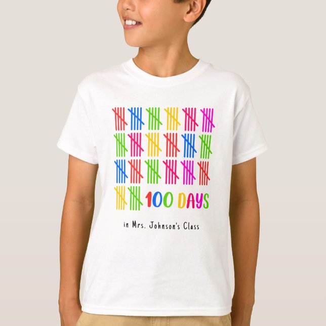 100 Days of School Colourful Tally Mark T-Shirt (Front)