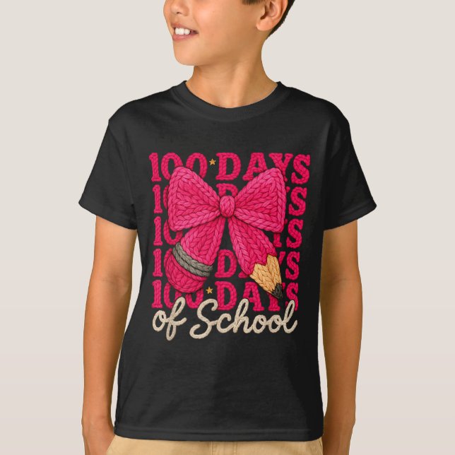 100 Days Of School Crochet Bow Pencil 100th Day Of T-Shirt (Front)