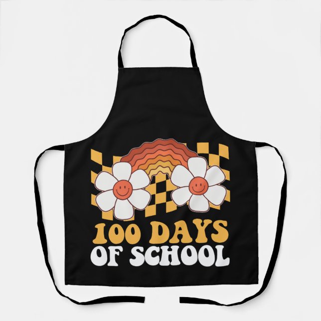 100 Days Of School Flower Rainbow Groovy Retro Apron (Front)