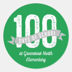 100 days of school fun customised green white classic round sticker
