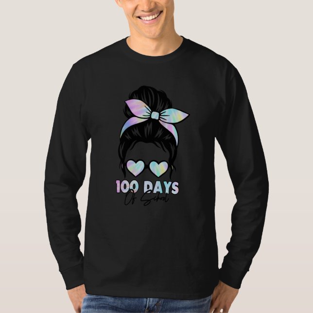 100 Days Of School Girls Messy Bun Hair 100th Day  T-Shirt (Front)