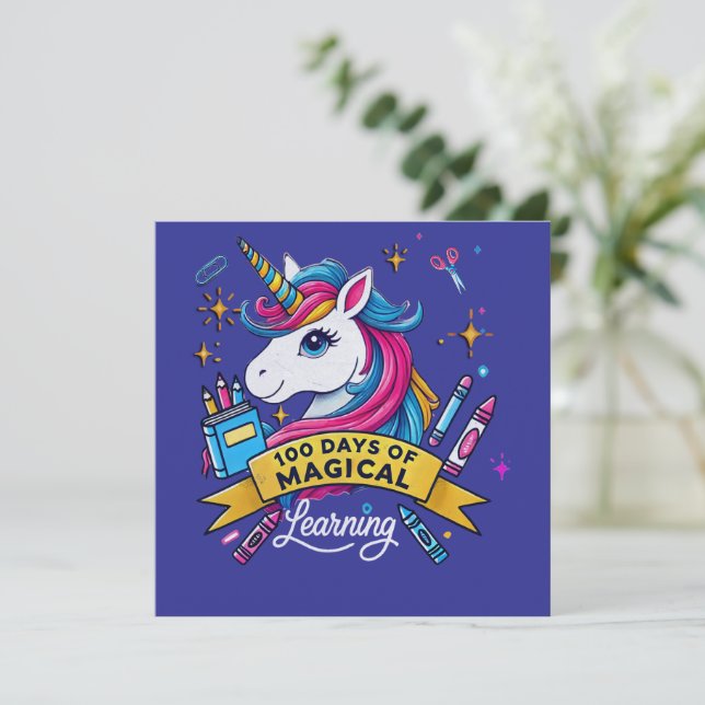 100 Days of School Magical Learning Cute Unicorn Invitation (Standing Front)