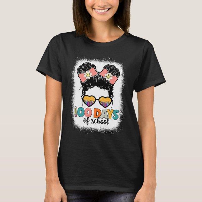100 Days Of School Messy Bun Leopard Bleached T-Shirt (Front)