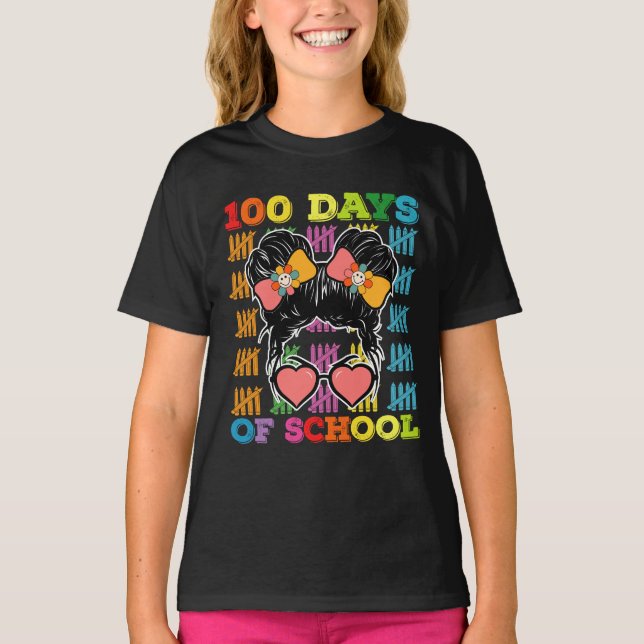100 Days Of School Messy Bun Teacher T-Shirt (Front)