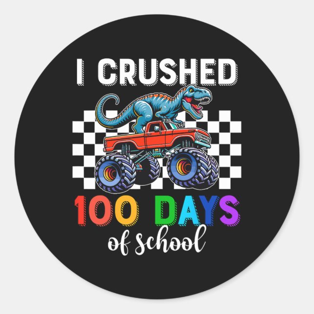 100 Days Of School Monster Truck 100th Days Dinosa Classic Round Sticker (Front)