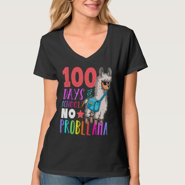 100 Days Of School No Probllama Llama Happy 100th  T-Shirt (Front)
