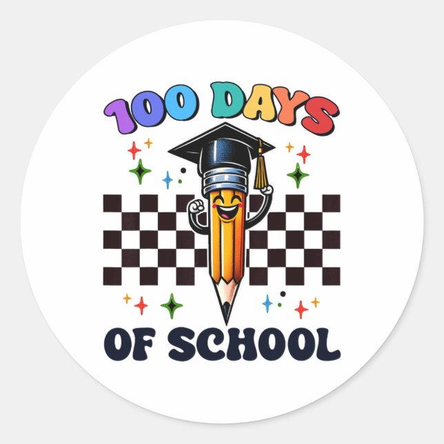 100 Days Of School Pencil Graduation Student  Classic Round Sticker (Front)