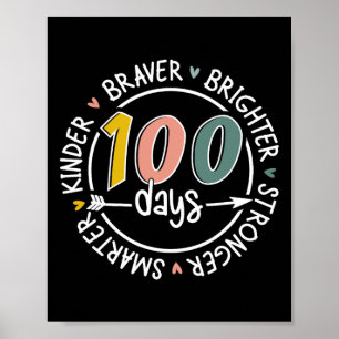 100 Days Of School Smarter Kinder Stronger Brighte Poster