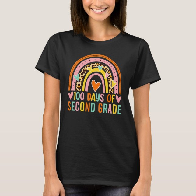 100 Days Of Second Grade Leopard Rainbow 100th Day T-Shirt (Front)