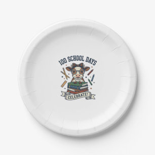 100 Days School Cow Vintage Engraving Teacher Shir Paper Plate