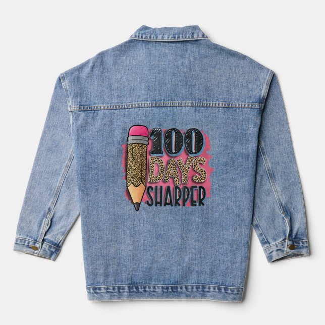 100 Days Shapper Leopard Pencil Funny Presents  Denim Jacket (Back)