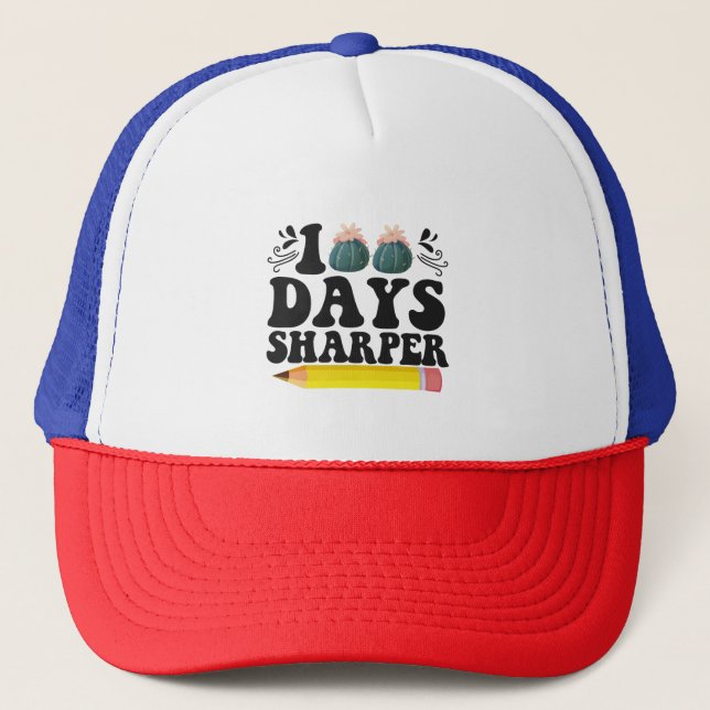 100 Days Sharper Cactus Teacher 100th Day Gift Trucker Hat (Front)