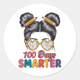 100 Days Smarter Girls Messy Bun Hair 100th Day Classic Round Sticker
