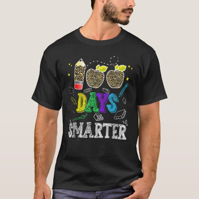 100 Days Smarter Leopard Teacher Student 100th Day T-Shirt (Front)