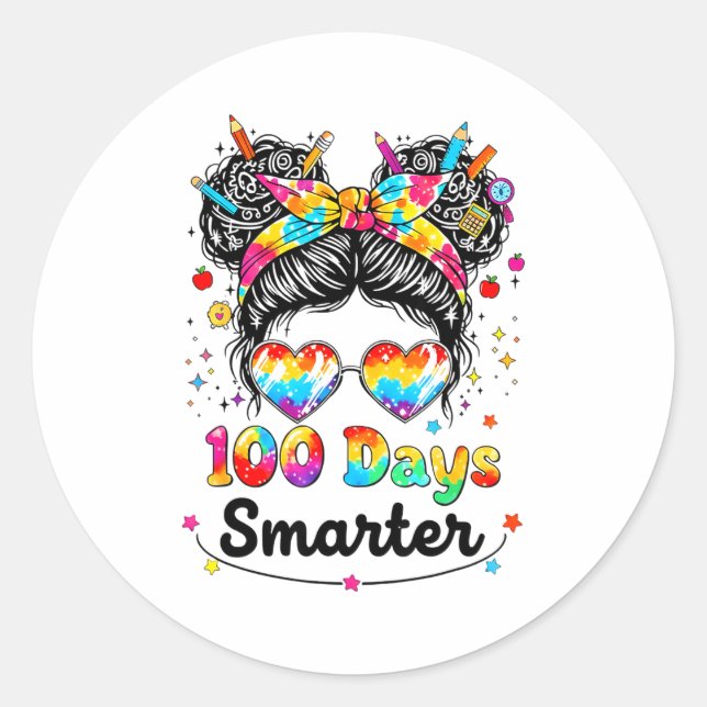 100 Days Smarter Messy Bun 100th Day Of School Gir Classic Round Sticker (Front)