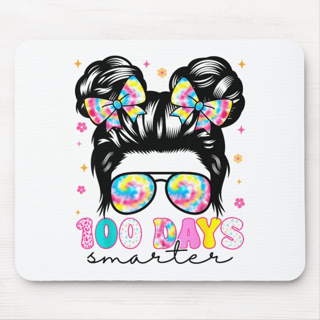 100 Days Smarter Messy Bun Girl 100th Day Of Schoo Mouse Pad (Front)