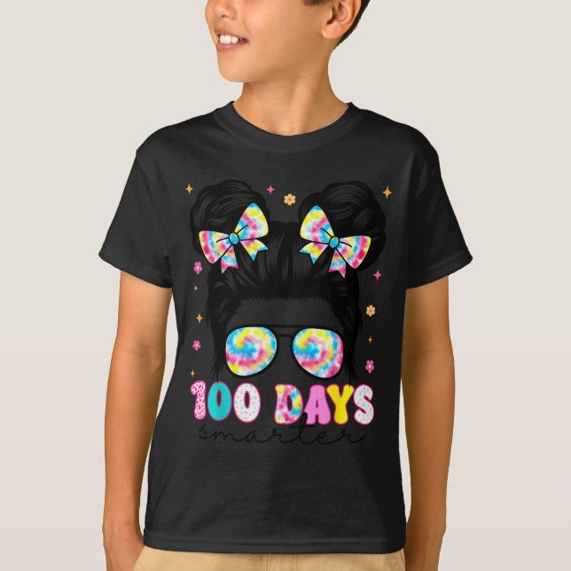 100 Days Smarter Messy Bun Girl 100th Day Of Schoo T-Shirt (Front)