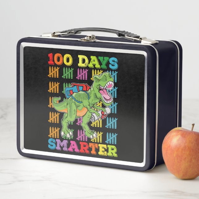 100 Days Smarter T Rex Dinosaur 100th Day School Metal Lunch Box (In Situ)