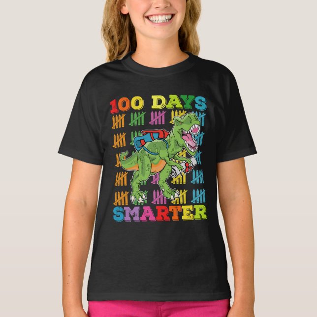 100 Days Smarter T Rex Dinosaur 100th Day School T-Shirt (Front)