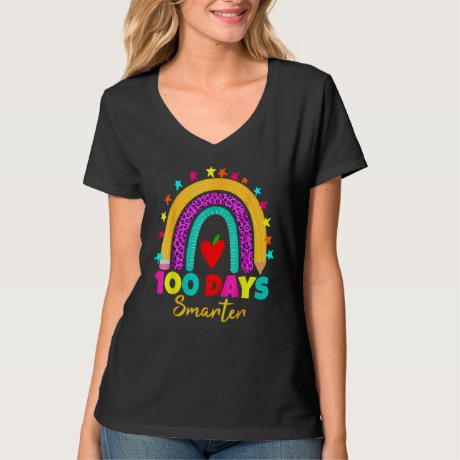 100 Days Smarter Teacher 100th Day Of School Rainb T-Shirt (Front)