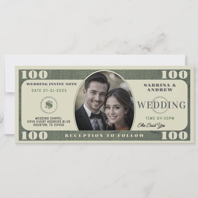 100 Dollar Bill Photo Wedding Invitation (Front)