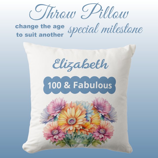 100 & fabulous name gerbera flowers blue cushion (Creator Uploaded)