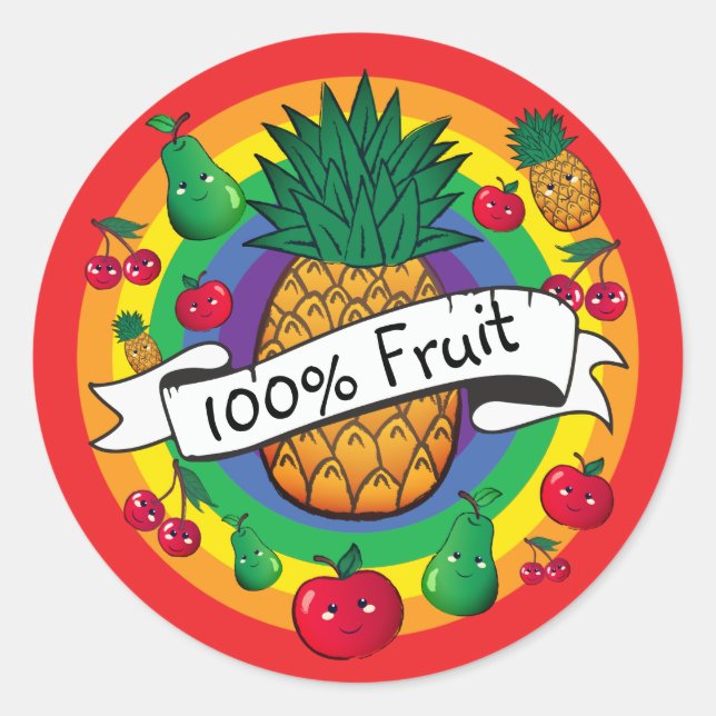 "100% Fruit" rainbow coloured kawaii fruit Classic Round Sticker (Front)