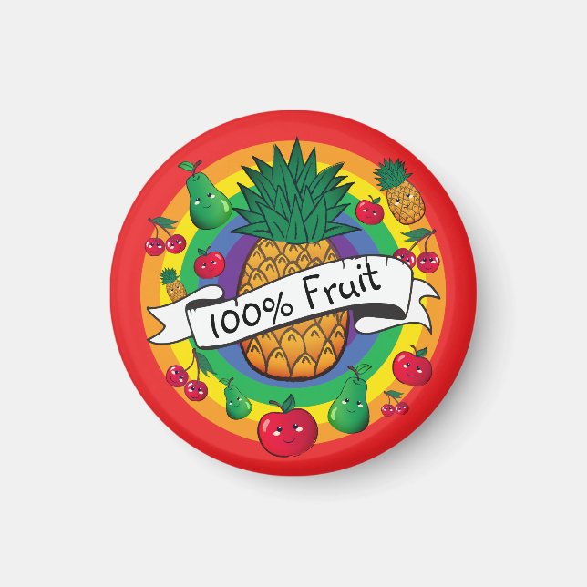 "100% Fruit" rainbow coloured kawaii fruit Magnet (Front)