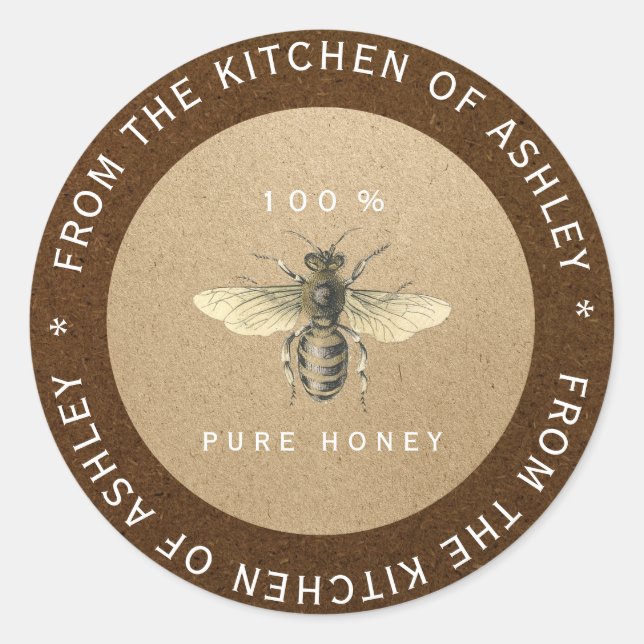 100% Homemade Honey Kitchen Kraft Bee Bronze Classic Round Sticker (Front)