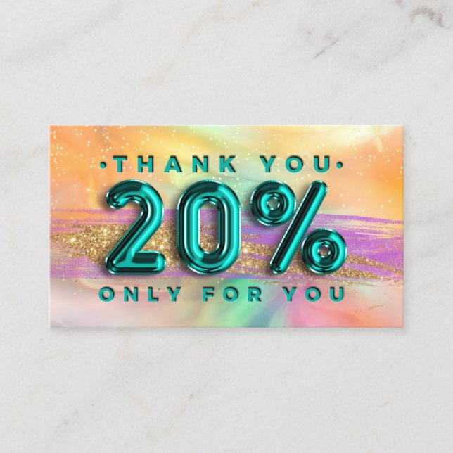 100  Logo QRCODE 20%OFF Code Teal Holographic Business Card (Front)