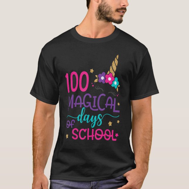 100 Magical Days Of School Unicorn Face 100th Day  T-Shirt (Front)