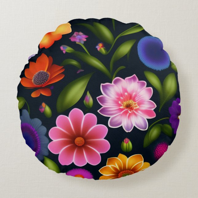 100 mini exotic flowers in full bloom in all over  round cushion (Front)