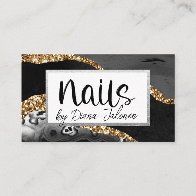 100 Nails Appointment Reminder Black Gold Marble Business Card (Front)