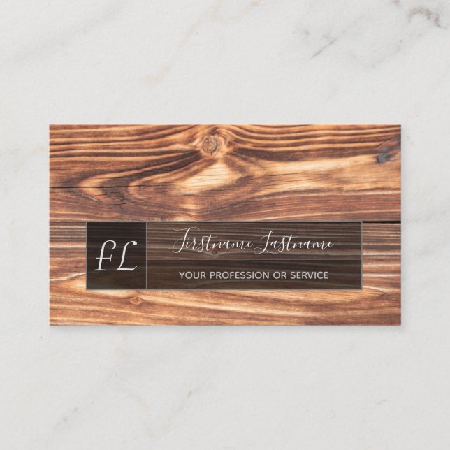 100% organic wood surface grey rectangle monogram business card (Front)