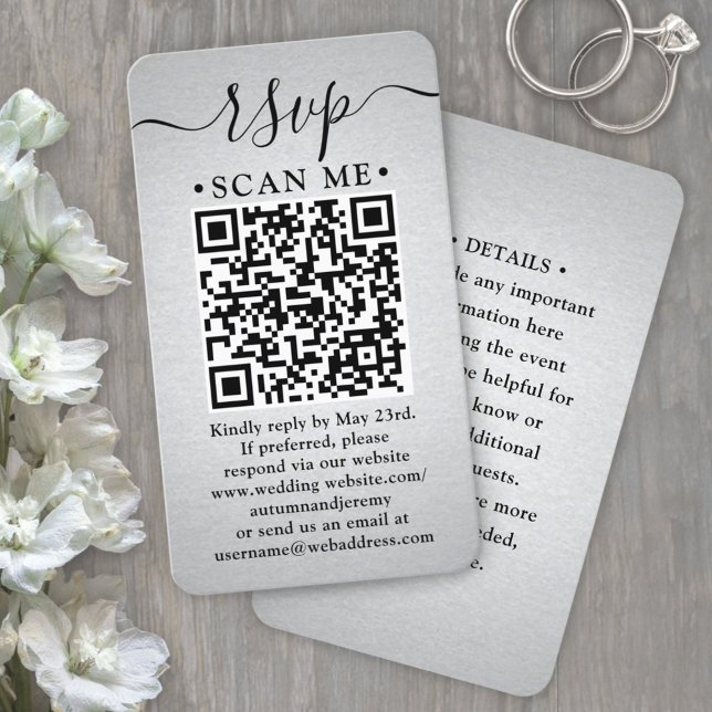 100 Pack QR Code RSVP Faux Silver Foil Enclosure Business Card (Creator Uploaded)