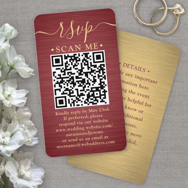 100 Pack QR RSVP Burgundy & Gold Wedding Enclosure Business Card (Creator Uploaded)