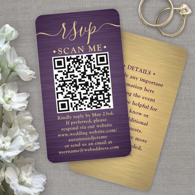 100 Pack QR RSVP Purple and Gold Wedding Enclosure Business Card (Creator Uploaded)